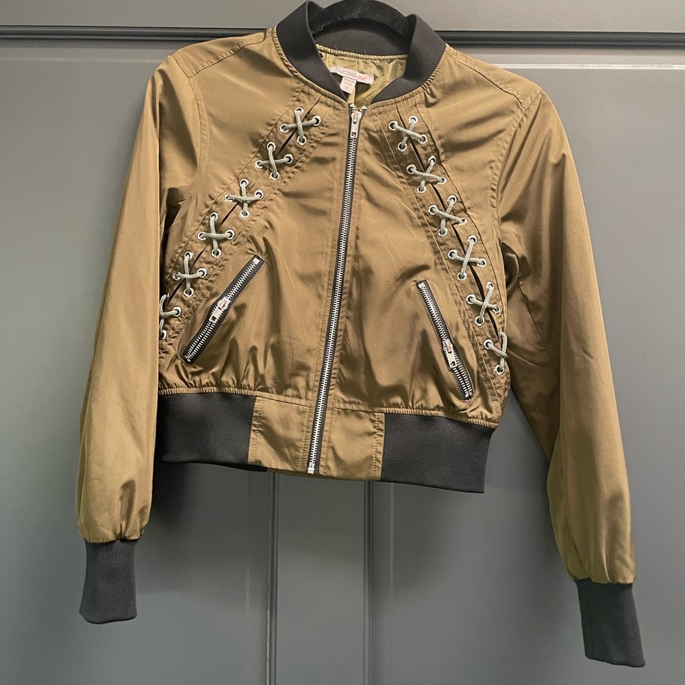 Lace-Up Olive Bomber Jacket with Black Trim